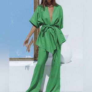 Commense Green Pantsuit with Flutter Sleeves and Tie Waist